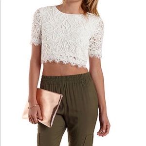 Charlotte Russe White Lace + Crochet Crop Tee